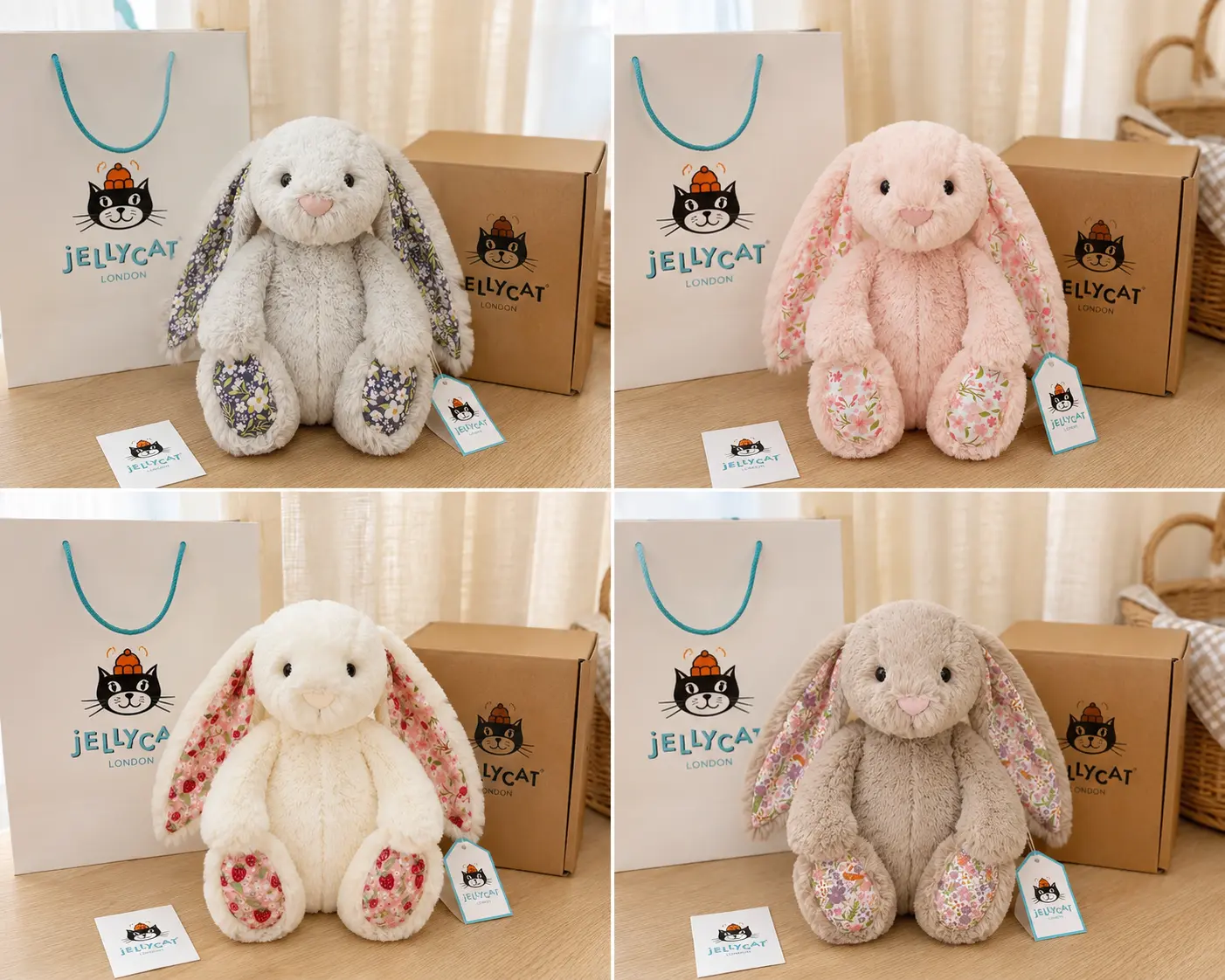 100% Authentic Jellycat Bashful Bunny Floral Ears Plush with Original Tag & Gift Bag, Genuine Soft Rabbit Stuffed Animal, Cute Baby Birthday Gift