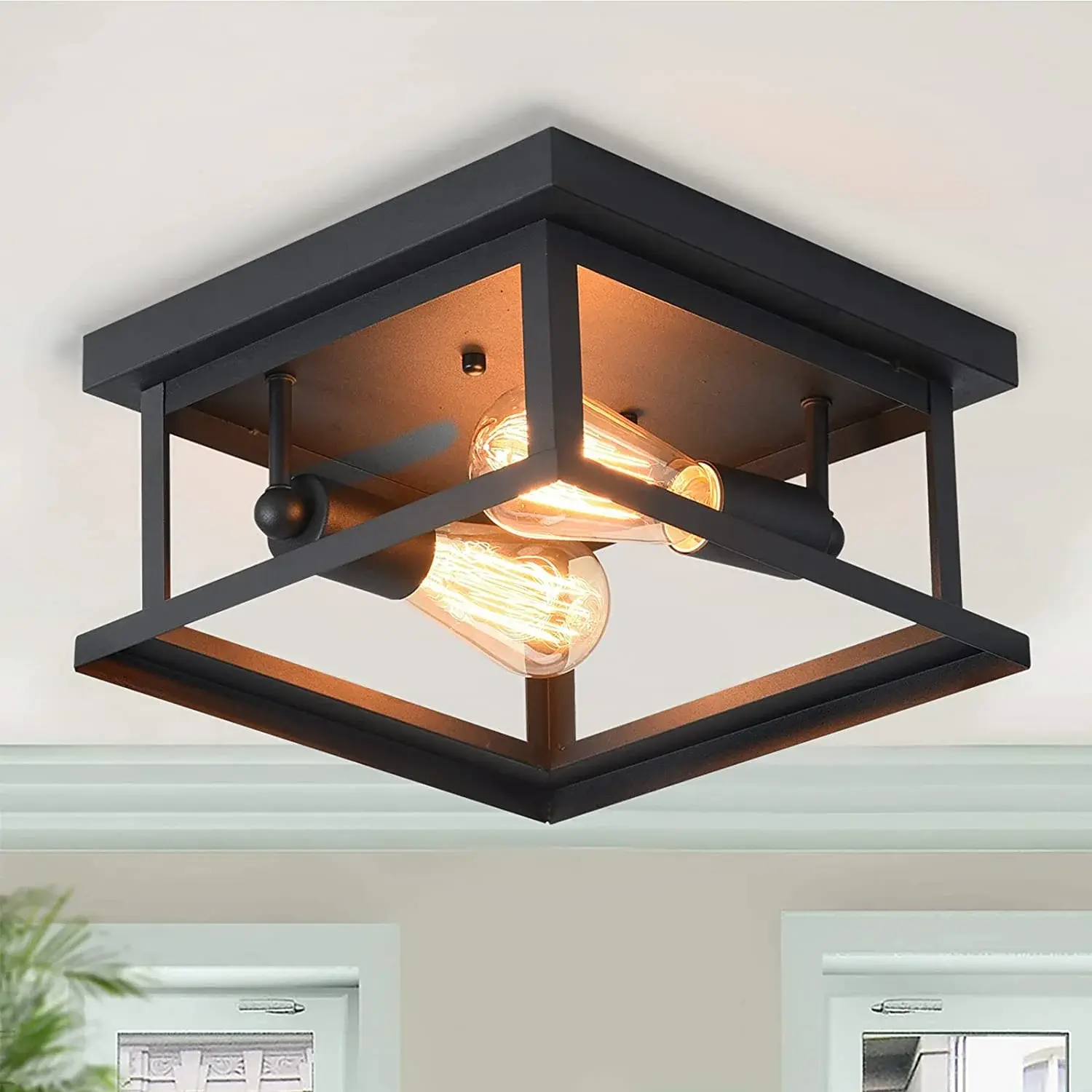Garwarm Retro Rectangle Flush Mount Ceiling Light,Industrial Farmhouse Close to Ceiling Light Black Ceiling Lamp with 2-Light for Kitchen Island Dining Room Bedroom Foyer Hallway