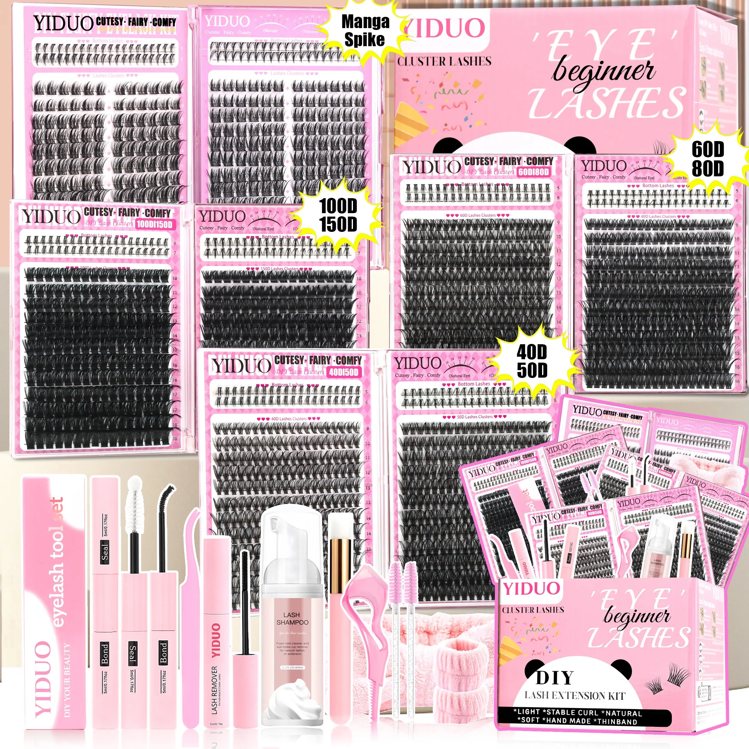 YIDUO Eyelash Cluster Kit(1952/1693 Pcs) 40D-300D &Spikes&D-Curvature Cluster Eyelash Extension Kit with Adhesive, Tweezers and Eye Makeup Tools, False Eyelash Kit, Diy Lashes Kit, Lashes Extension Set, Diy Eyelash Clusters for DIY at Home