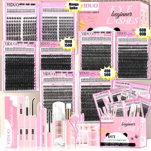 YIDUO Eyelash Cluster Kit(1952/1693 Pcs) 40D-300D &Spikes&D-Curvature Cluster Eyelash Extension Kit with Adhesive, Eyelash Glue, Tweezers and Eye Makeup Tools, 2 Mixed-Style False Eyelash Kit, Diy Eyelash Clusters for DIY at Home