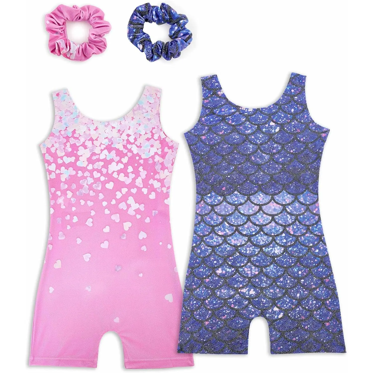 Girls' Gymnastics Leotards 2-Pack with Matching Hair Scrunchies, Sparkly Polyester Blend with Animal, Butterfly, Dinosaur, Star Patterns for Dance, Tumbling, Sparkle Finish