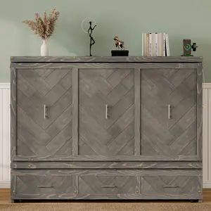 [Bellemave] Queen Size Murphy Bed| Pine Wood Cabinet Bed| Built-in USB Charging Station| 3 Storage Drawers| Easy Assembly﻿