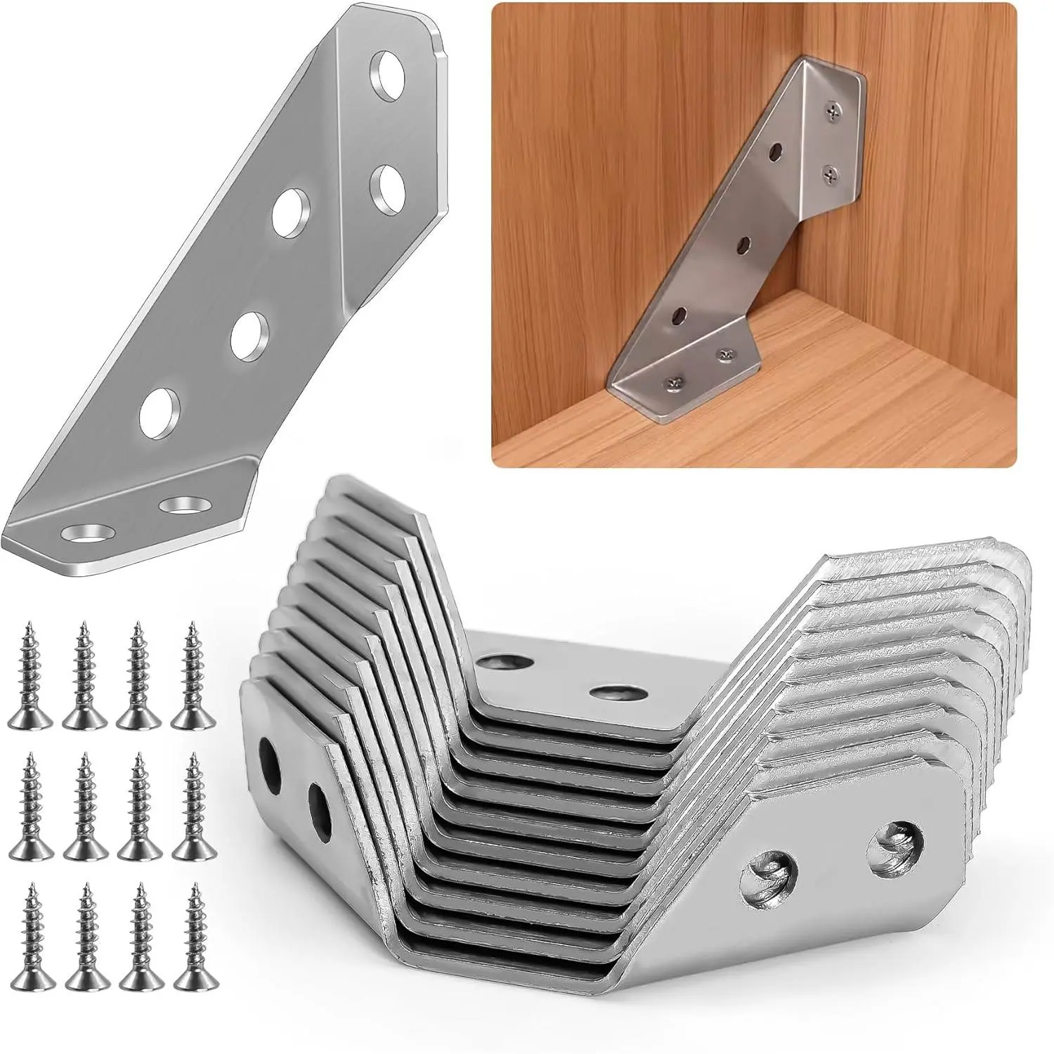 10PCS Stainless Steel Universal Furniture Corner Connectors – Anti-Deform Multi-Angle Joint Fasteners, Triangle Support Frame Brackets with Included Screws, Durable Rust-Proof Construction, Ideal for Cabinets, Shelves, Tables & DIY Woodworking Projects