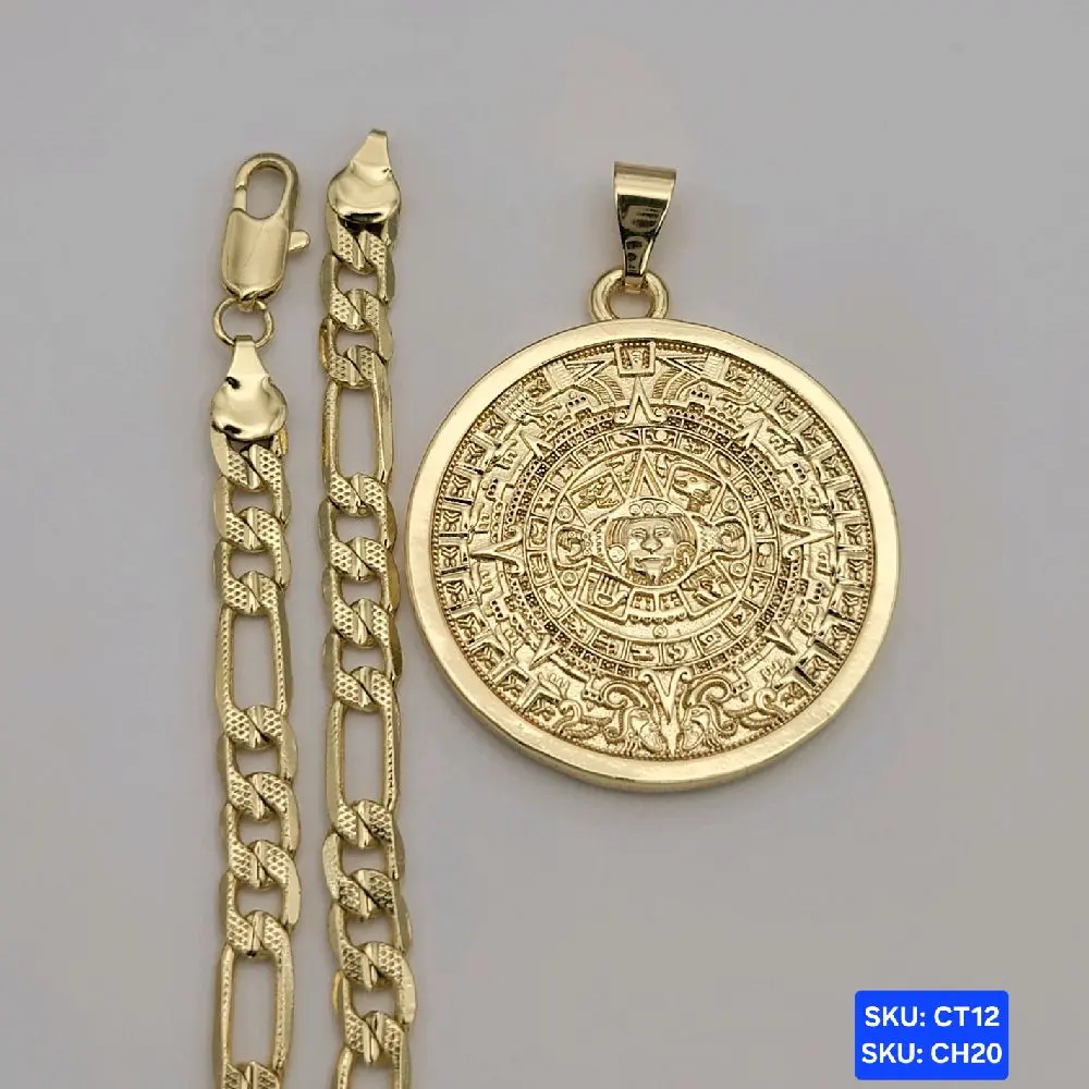 Aztec Calendar Gold-Plated Figaro Link Necklace Chain 24 inches 6mm wide, SKU: CT12, SKU: CH20