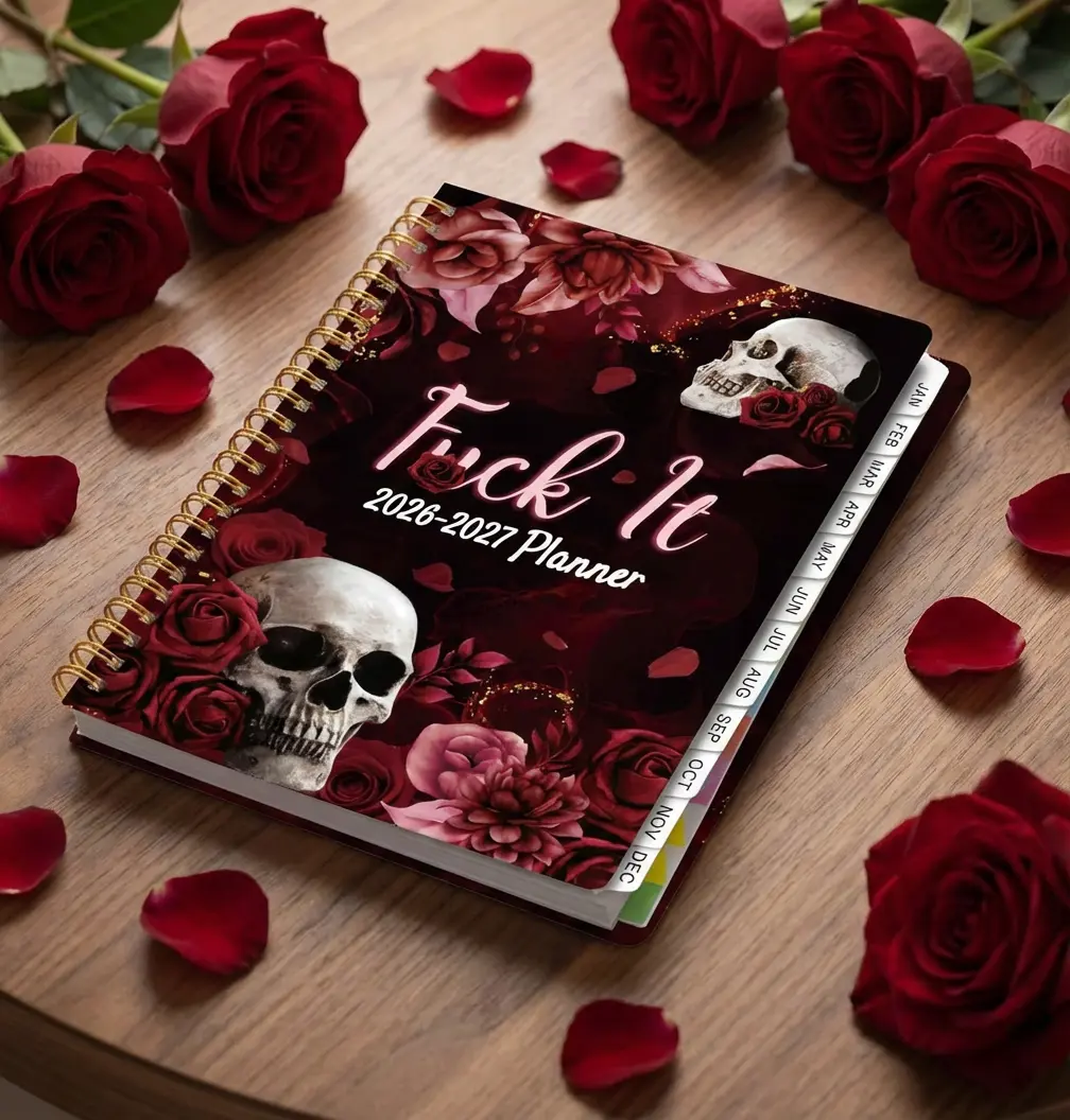 A5 Hardcover 2026-2027 Weekly-Monthly Planner (July-June) - Gothic Skull Print, Character Stickers, Labels, Back Pocket, Office Accessories, Desk Accessories for Back to School Shopping