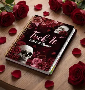Weekly/monthly planner for July 2026 to June 2027, A5 size, featuring a fun skull pattern, Gothic style notebook, perfect as a back-to-school gift, hard cover calendar with labels, stickers, and a back pocket.