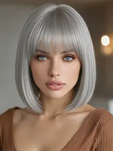 12-Inch Silver Gray Bob Wig with Bangs, Synthetic Fiber Heat-Resistant Short Bob Wig, Natural and Realistic, Suitable for Daily, Parties, Cosplay