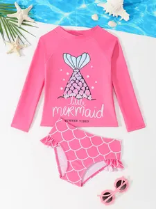 Girls' Mermaid Tail Swimsuit Set, Pure Color Long Sleeve, Fish Scale Shorts, Summer Beach Vacation, Cute Swimwear, Perfect Gift
