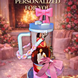 Personalized Tumbler 40oz Custom with Photo Featuring Pink Bow and Floral Accents for Unique Gifts Cup Bottle Mug