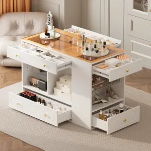 Closet Island with 6 Drawers, Wardrobe Armoire Bedroom Island with Glass Display Top and Open Shelves, Jewelry Storage Vanity Island with compartments, Walk-in Closet Island for Cloakroom, White