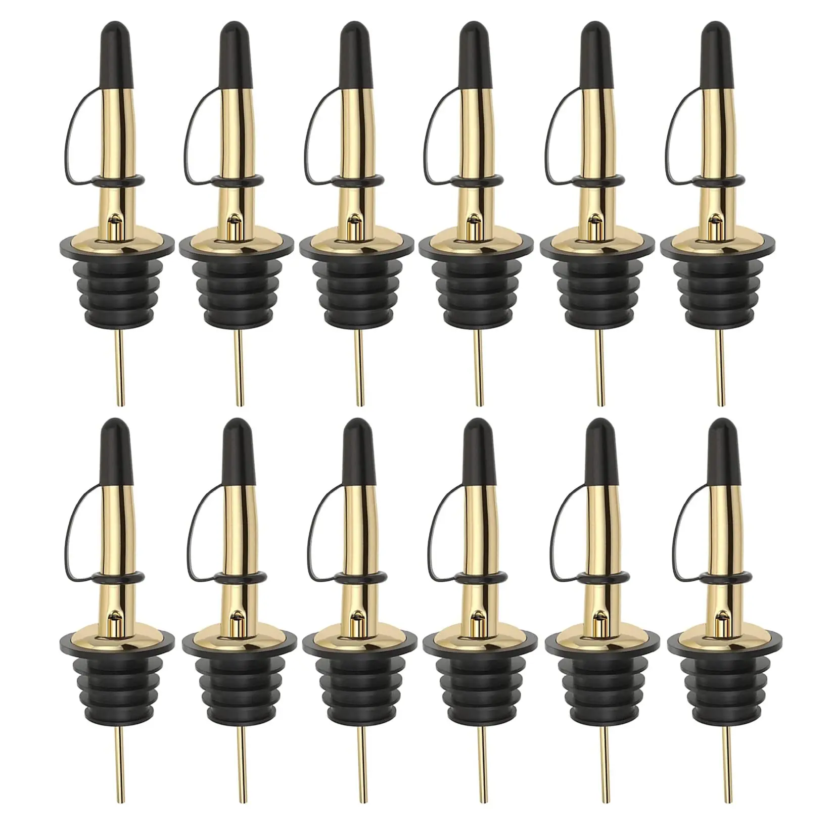 12 Pack Gold Liquor Pour Spout With Dust Caps, Stainless Steel Bottle Pourers for Alcohol & Olive Oil, Speed Pourers, Leakproof Bottle Pourer Spouts, Bar Bartender Accessories