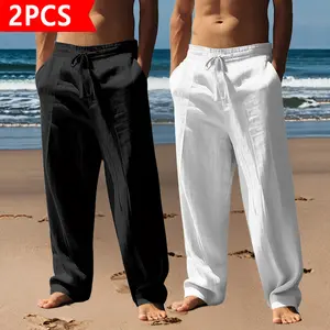2-Pack Men’s Linen Beach Pants, Lightweight Loose-Fit Casual Trousers with Drawstring Waist, Breathable Summer Pants for Beach, Yoga, Vacation & Everyday Wear., Menswear, Black + White, Style