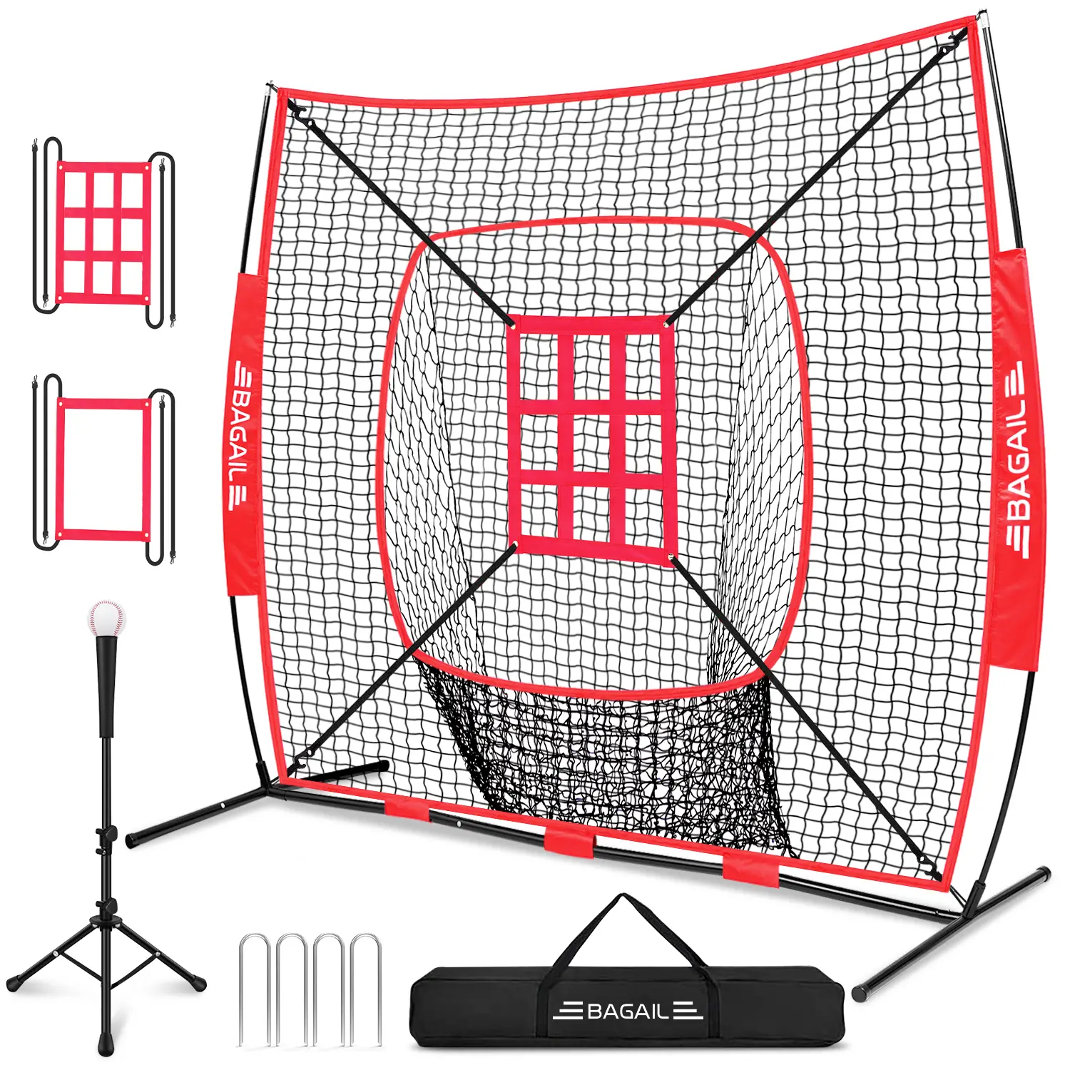 【Summer Wins】BAGAIL 7x7 ft Baseball & Softball Practice Net with Bow Frame for Batting, Hitting, Pitching, Portable Baseball Throwing Net with 2 Strike Zone Batting Tee, Carry Bag, Great for All Levels