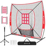 【BackToSchool】BAGAIL 7x7 ft Baseball & Softball Practice Net with Bow Frame for Batting, Hitting, Pitching, Portable Baseball Throwing Net with 2 Strike Zone Batting Tee, Carry Bag, Great for All Levels