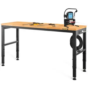 VEVOR Workbench Adjustable Height,  48" L X 20" W X 38.1" H Garage Table with 28.3\" - 38.1\" Heights & 2000 LBS Load Capacity, with Power Outlets & Hardwood Top & Metal Frame & Foot Pads, for Office