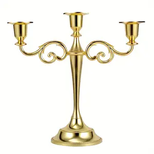 three-head gold candlestick, metal candlestick, gothic candlestick, vintage candlestick, suitable for weddings, churches, Halloween, Christmas, formal events, hotel living room and western restaurant table decoration.