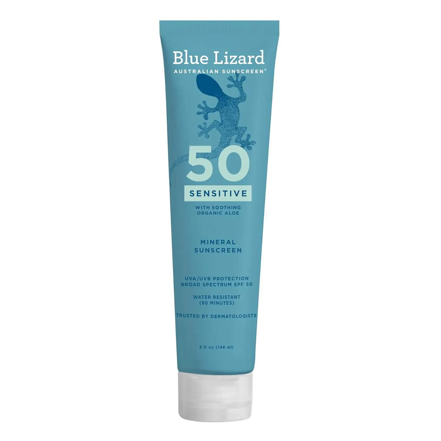 Blue Lizard Sensitive Hydrating Mineral Body Sunscreen Lotion, SPF 50 Broad Spectrum UV Protection, Water-Resistant, Fragrance-Free, Dye-Free, Hypoallergenic, Vegan, 5 fl oz, Body Care for Sensitive Skin