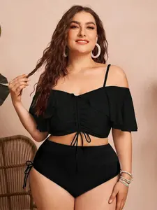 Women's Plus Size 2-Piece Boho Tankini Bathing Suit - Black Solid, Spaghetti Strap, Off-Shoulder, Ruffled, Drawstring, Split Bikini, High Waist, Full Cup, Plus Size Swimsuits, Bikini Sets, Swimsuit for Women