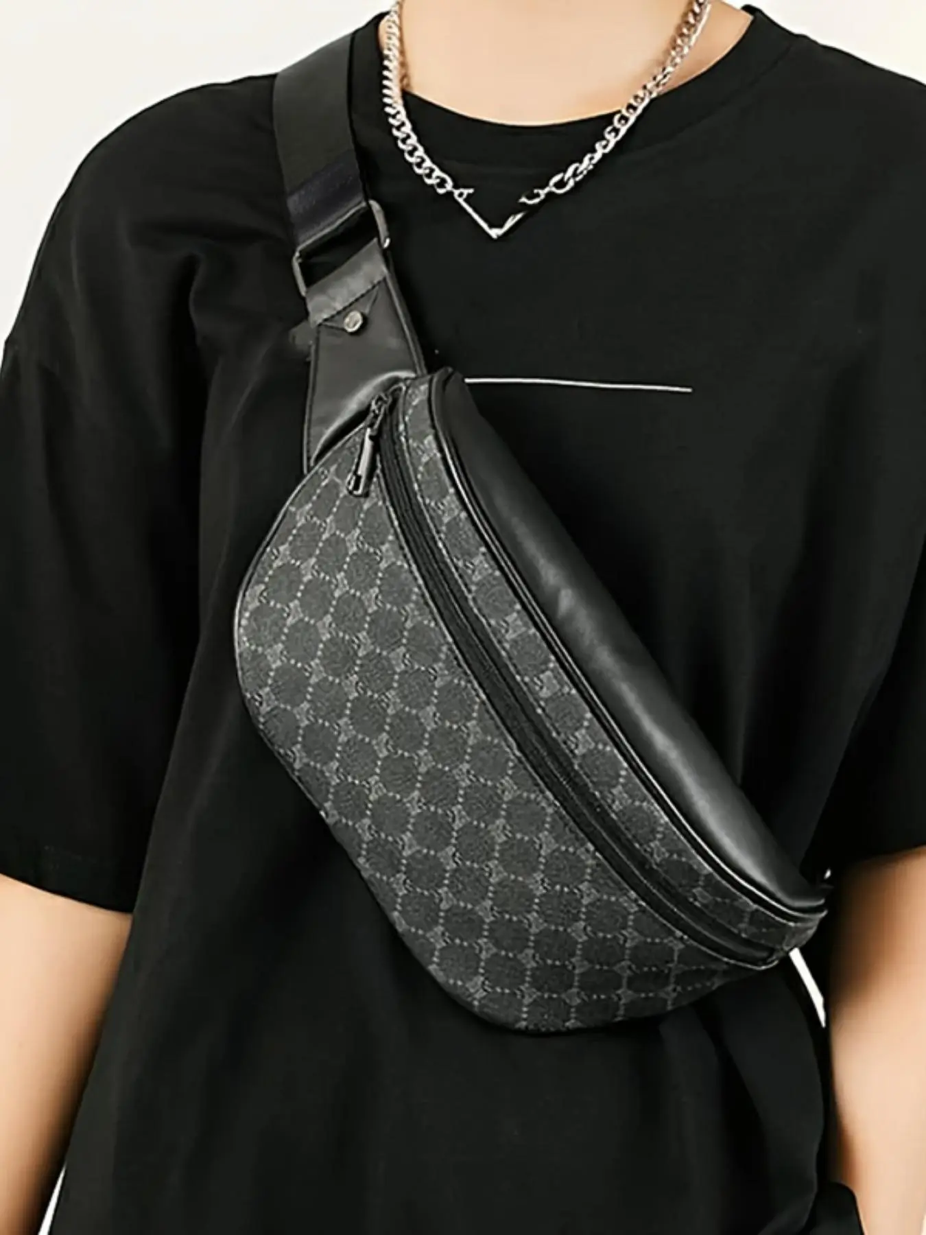 Men's Classic Casual Geometric Pattern Zipper Sling Bag, Large Capacity Outdoor Crossbody Bag, Pu Leather Waist Pouch for Daily Use, Waist Bags, Zipper Fanny Pack, Belt Bag, Everything Belt Bag