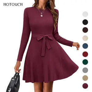 Women's Long Sleeve Sweater Dress Crewneck A-Line Swing Casual Dress Bodycon Ribbed Knit Dresses with Belt Fabric Fit Womenswear Bag Birthday Fashion Coat Festival Slim Spring W