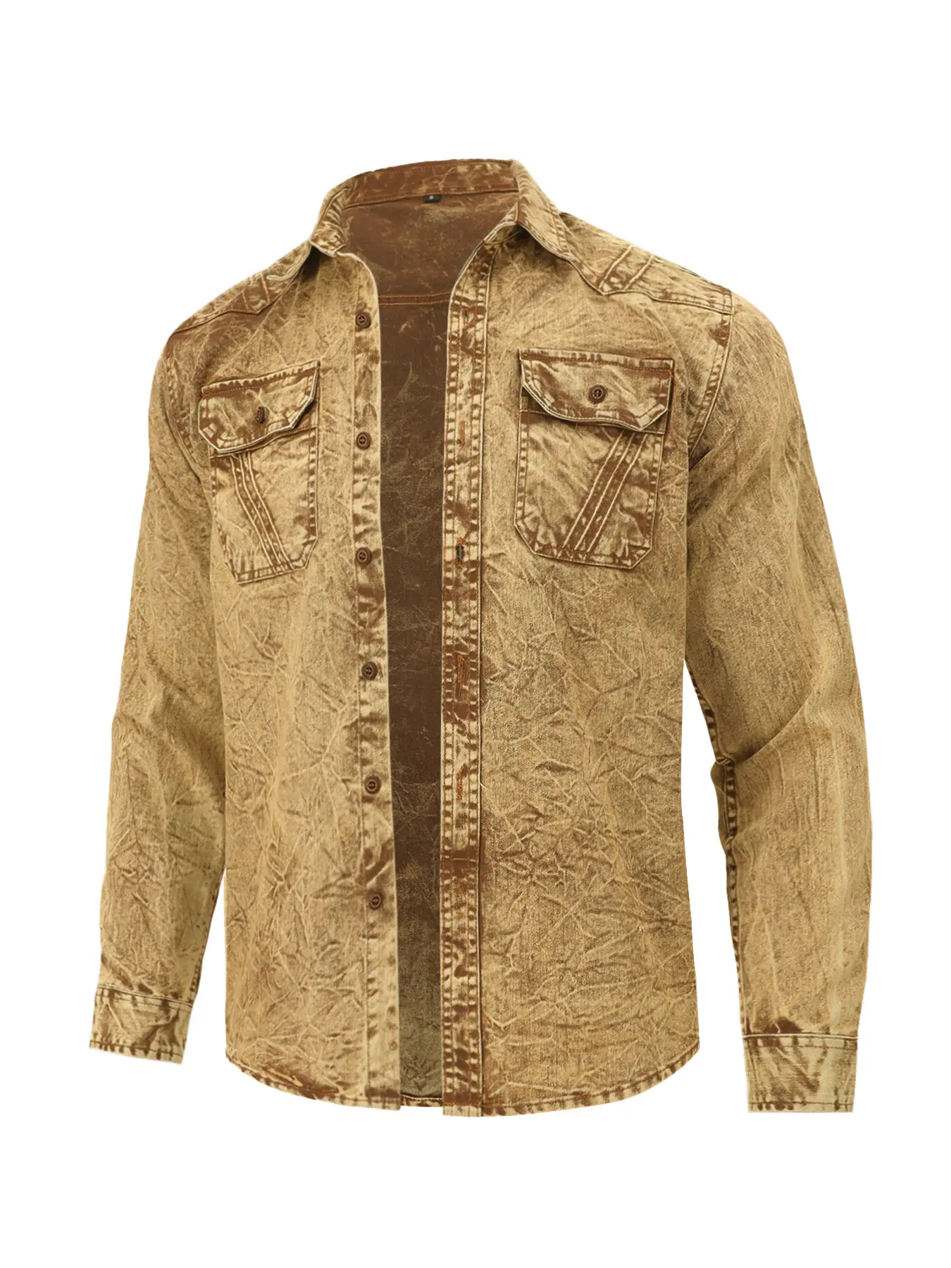 Men’s vintage washed distressed tan western long-sleeve button-up shirt with chest pockets, retro regular fit for casual outdoor wear (brown accent details)