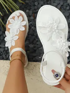 Women's Elegant Flat Anklet Sandals, Fairy Tale Style Flower Decoration, Casual Summer Shoes, Lightweight and Easy to Wear, Perfect for Daily Use