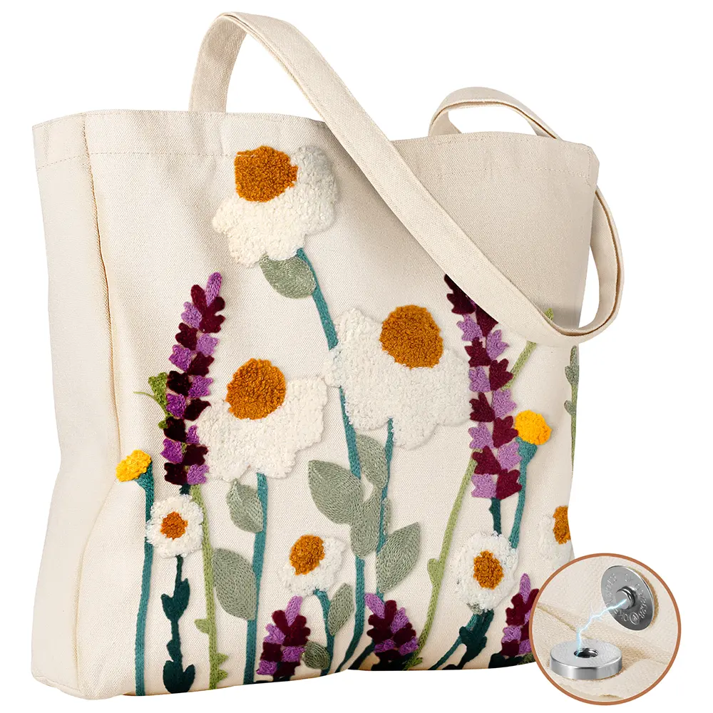 Miss Adola Aesthetic Embroidery Tote Bag for Women - Reusable Canvas Cute Shoulder Bag for Shopping, Grocery, Work, Book