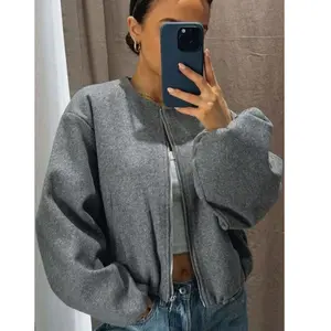 Women's Grey Bomber Jacket Autumn Winter Outerwear Short Varsity Aviator Cropped Coats Casual Versatile Long Sleeve Fitted Crewneck Tops