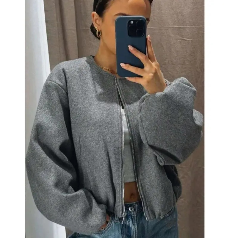Women's Minimalist Plain Woven Crew Neck Grey Bomber Jacket - Autumn Winter Basic Long-Sleeve Cropped Varsity Aviator Coat, Fitted Front Zipper-Closure Machine Washable Korean Top Outerwear, Casual Chic Outerwear