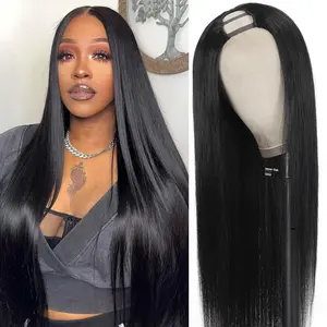 Mamushow U Part Wigs With Drawstring for Women Straight Human Hair Wigs 180% Density U Part Human Hair Wigs Can Be Dyed and Bleached