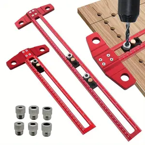 Woodworking 2 in 1 Drilling Positioning Scoring Ruler, Aluminum Alloy Scriber Marking T Square, Multifunctional Dowelling Jig with 6/8/10mm Drill Sleeves, Measuring Ruler