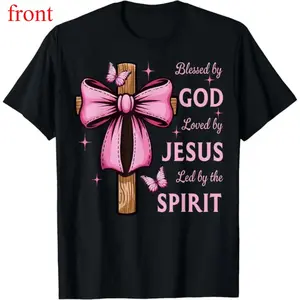 100% Cotton Blessed by God Loved by Jesus Pink Coquette Bow And Cross T-Shirt Black Pieces Prints Womenswear