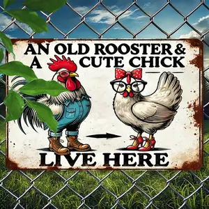 Charming Vintage "An Old Rooster & Cute Chick Live Here" Metal Sign, Rustic Waterproof & Dustproof Home Decor for Living Room, Bedroom, or Kitchen, Perfect Gift (8x12 Inches) Signage Rectangle Design Blue