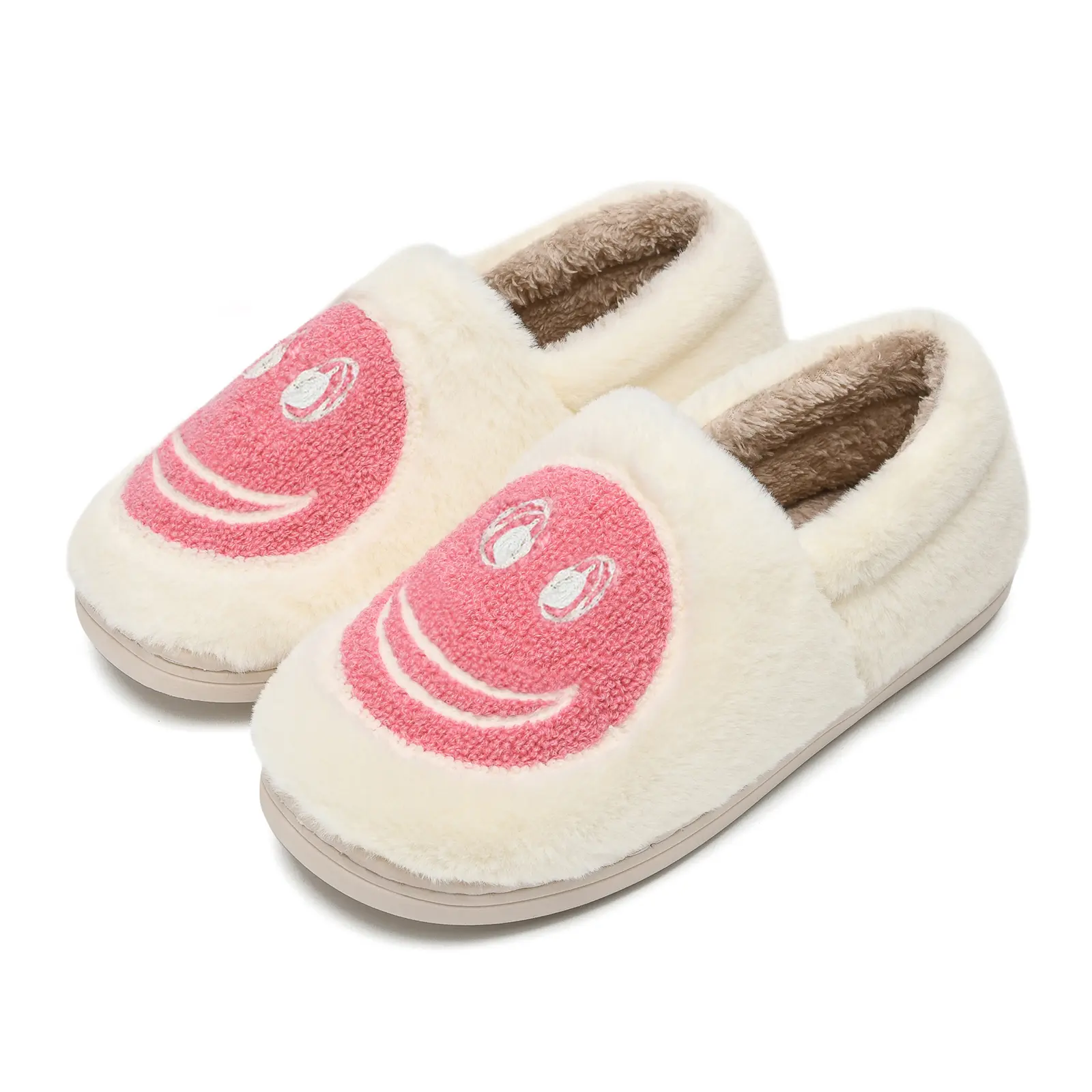 Smile Face Slippers,Retro Soft Plush Smile Fleece Lined House Shoes for Women Fuzzy Memory Foam Closed Back Slippers Anti Skid TPR Soft Sole Footwear Girl