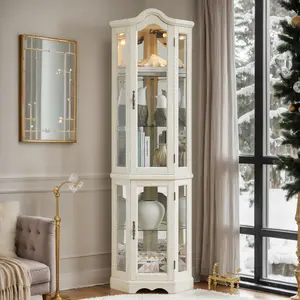 Eyisean 70.5" Arched Corner Curio Cabinet, Wooden China Cabinet with Adjustable Glass Shelves, Lighted Glass Display Cabinet Include Light Bulb, Rack for Living Room, Kitchen