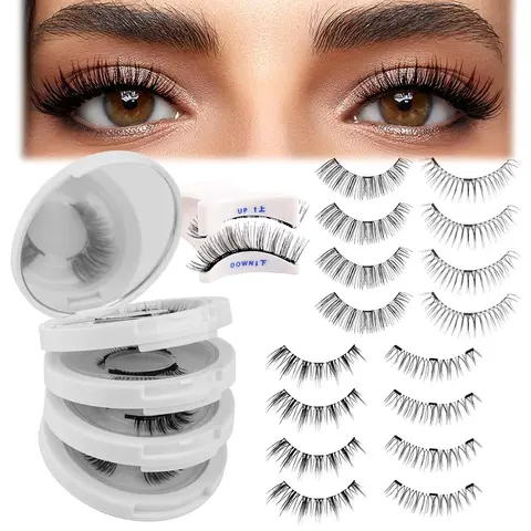 Makeup Compact Magnetic Eyelashes Kit with Applicator, Natural Look, Reusable 4 Pairs False Eyelashes, Easy to Wear and Remove