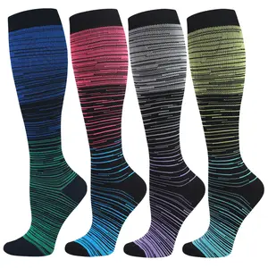STANDWAY Barcode Stripe Compression Socks 4 Pairs for Women & Men, 15-20 mmHg Knee High Support Socks with Soft Cuff, Arch Support and Breathable Comfort for Nurses, Travel, Standing, Walking and Daily Wear