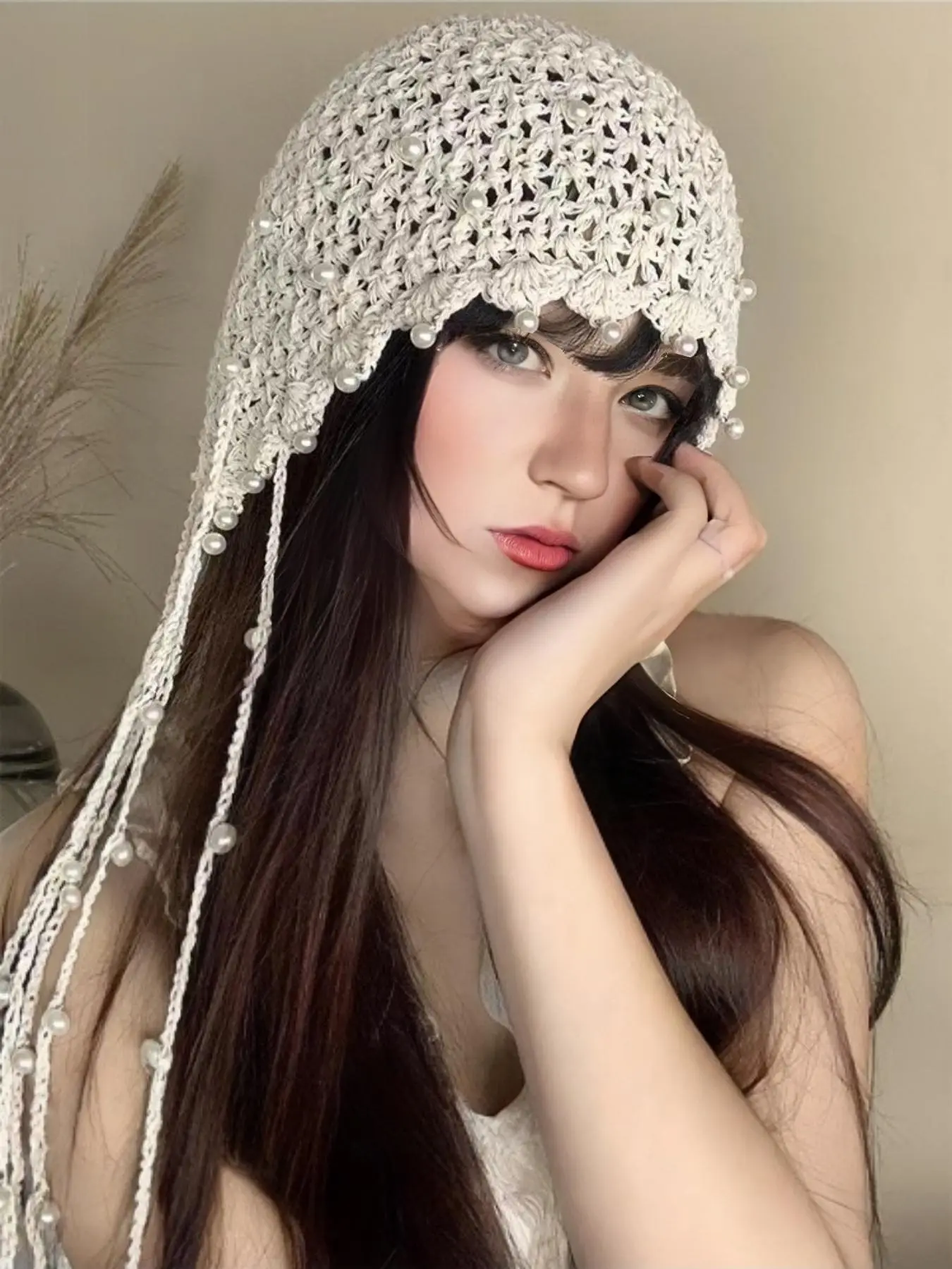 Women's Ethnic Pattern Crochet Chain Design Hat, Boho Style Hollow Out Pearl Decor Hat for Women & Girls, Fashion Hats, Fashion Accessories for Daily Wear, Knit Hat, Fashionable Hats