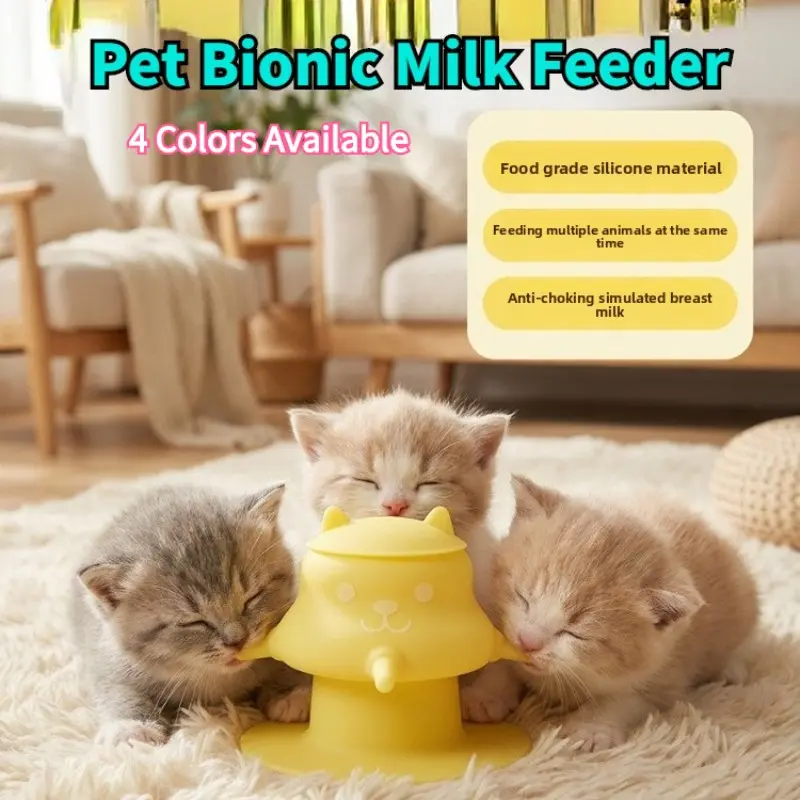Pet Bionic Milk Feeder with 4 Soft Nipples, Silicone Suction Cup Anti-Tip Design, Silicone Liquid Feeder, Feeding Supplies for Kittens Puppies Rabbits & Small Newborn Pets, Puppy Feeding Bottle