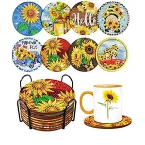 Summer Sunflower Coasters Set of 6 with Hello Design and Sunflower Patterns for Coffee Mug and Cup Protection