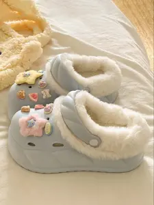 New Fashion Casual Fuzzy Hole Shoes, House Slippers, Cute Star Thick Sole Anti-Slip Warm Winter Footwear, Comfortable and Stylish for Daily Wear