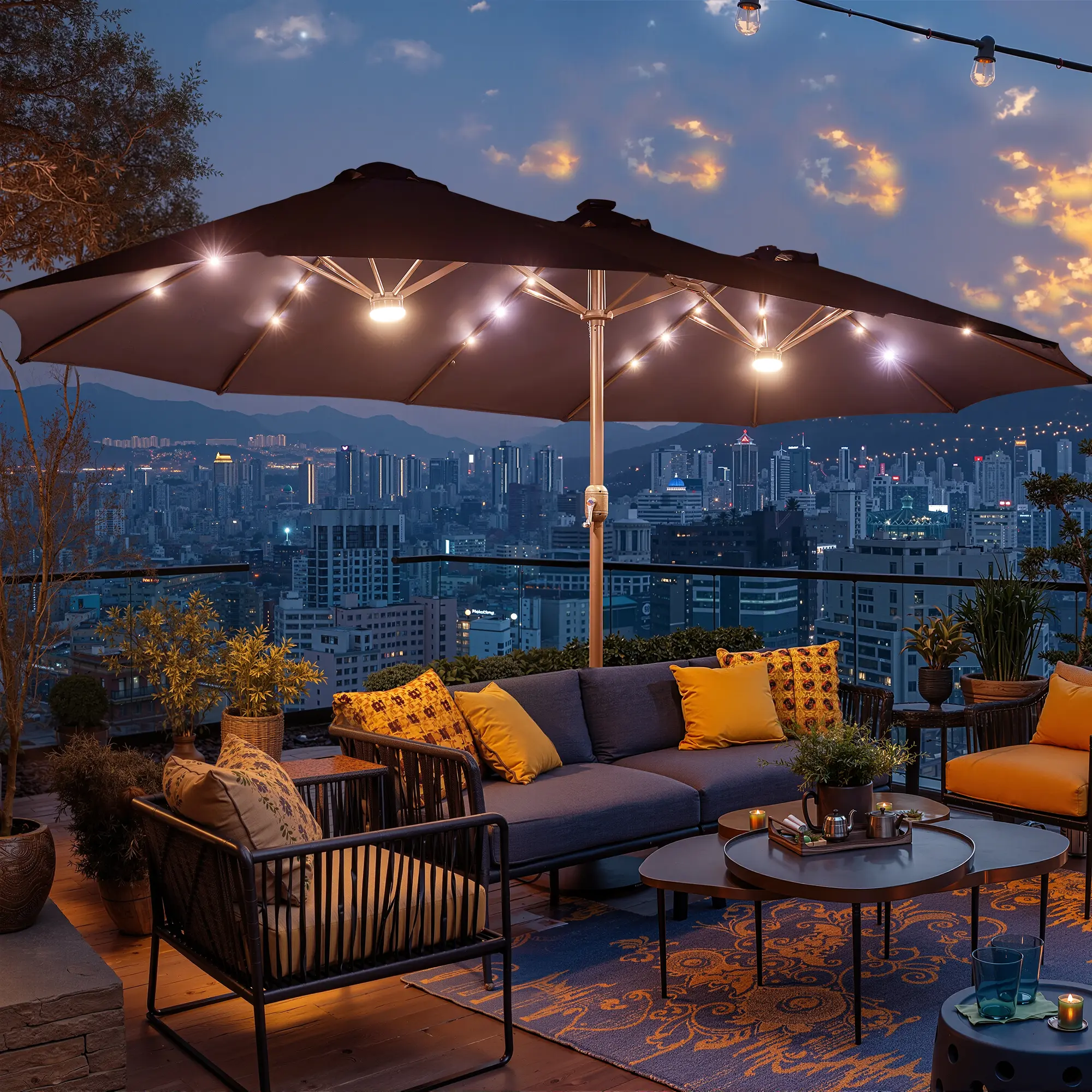 Blue | Lighted Umbrella with Base