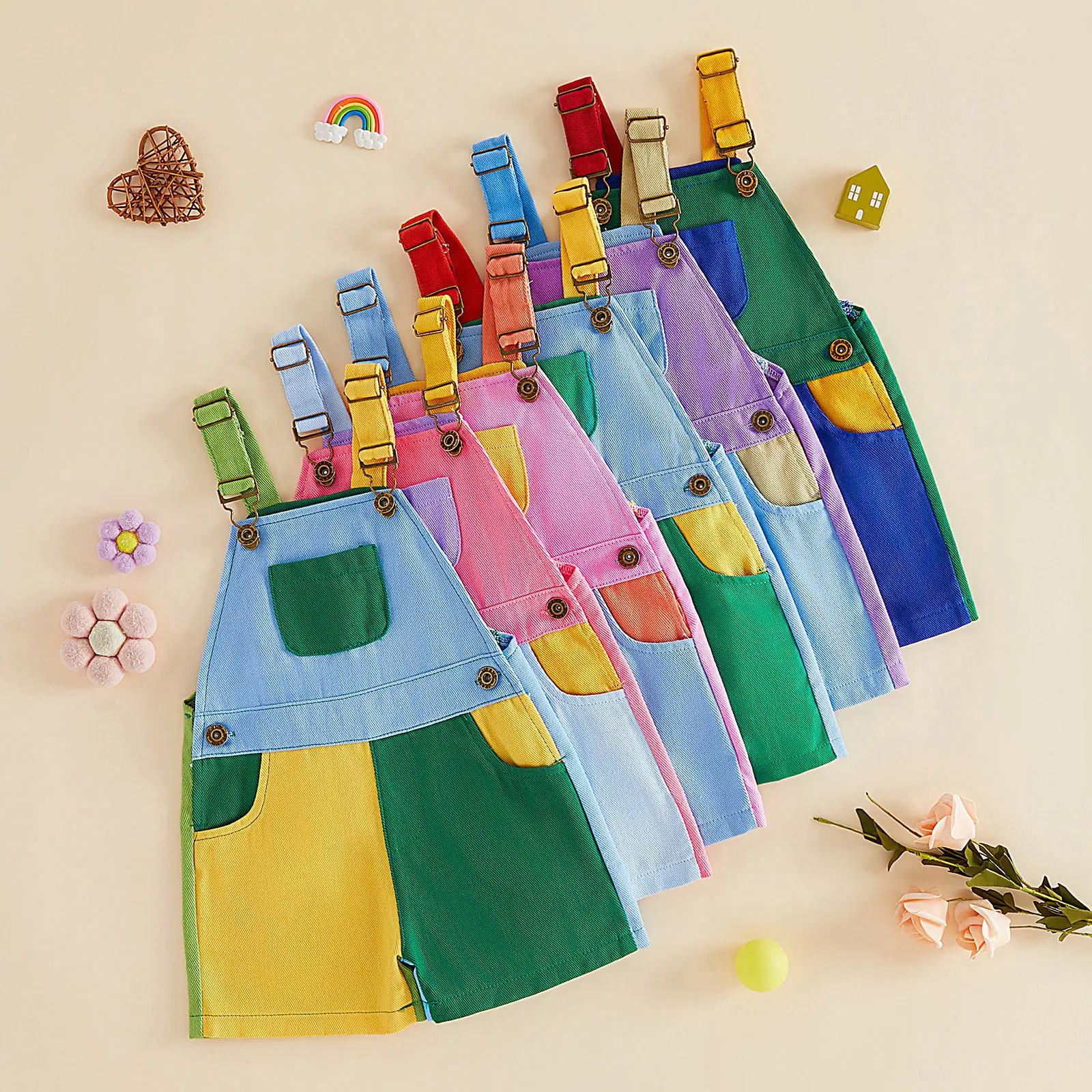 Toddler Baby Girl Boy Overalls Romper Sleeveless Color Block Striped Jumpsuit Shorts Suspender Shortalls Summer