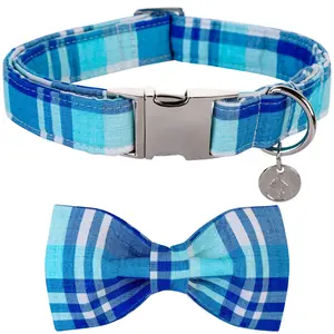 DOGWONG Blue Plaid Cotton Dog Collar with Bow Tie - Comfortable Cute for Small/Medium/Large Dogs DOGWONG Blue Plaid Cotton Dog Collar with Bow Tie - Comfortable Cute for Small/Medium/Large Dogs