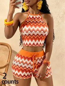 Retro Wave Print Halter Neck Sleeveless Top & Shorts Two Piece Set, Summer Clothing Set, Women's Y2K Style Aesthetic Casual Outfit for Party & Streetwear, Streetwear Friendly