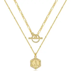 KissYan Gold Layered Initial Necklace for Women, 14K Gold Plated Hexagon Letter Necklace Capital Monogram Pendant Toggle Clasp Layering Figaro Bead Chain Necklace