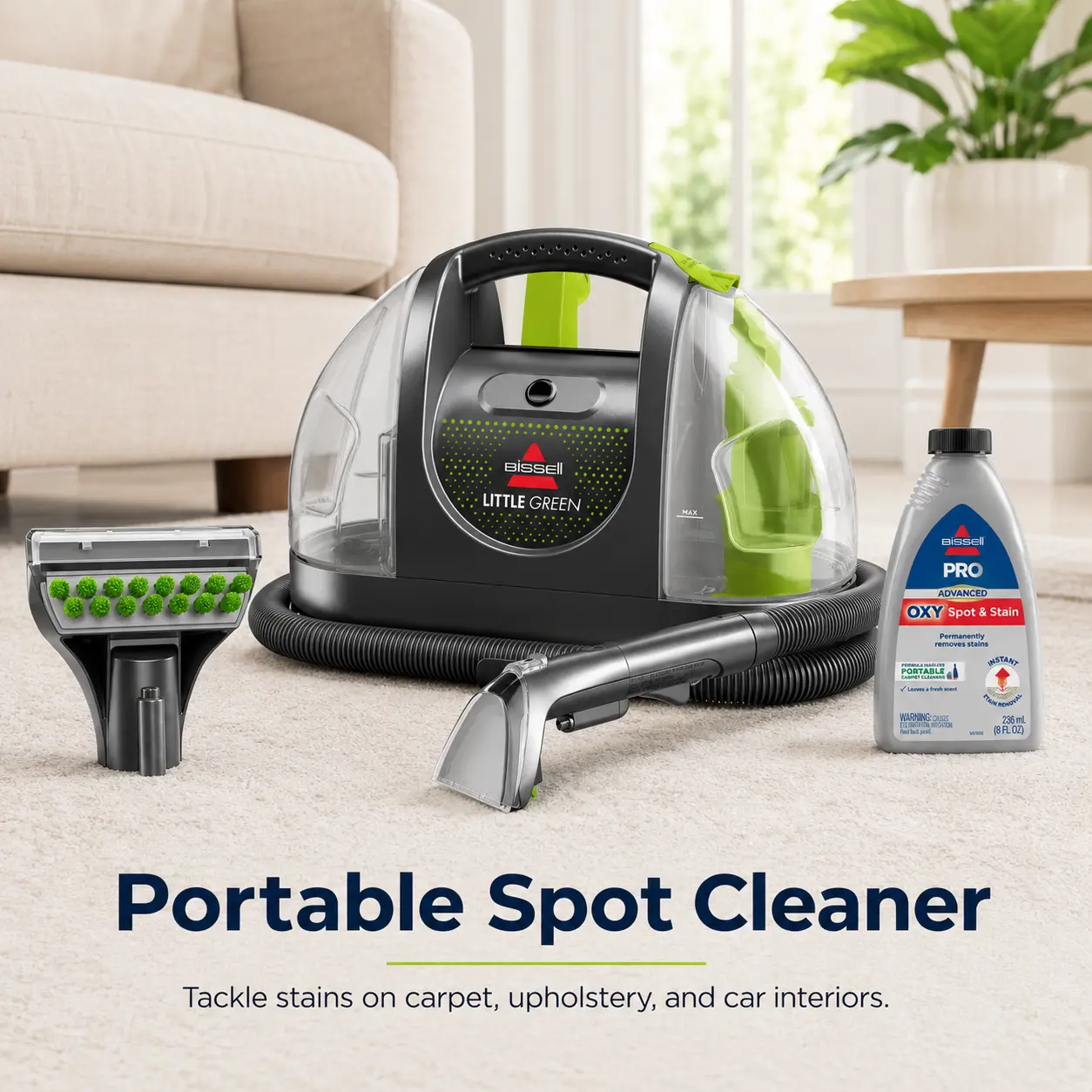 BISSELL Little Green Portable Carpet Cleaner, Multi-Purpose Spot & Stain Cleaner for Upholstery, Car Interiors & Stairs, Includes 4" Tough Stain Tool & Trial Formula