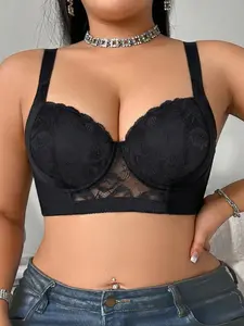 Ecomilky Plus Size Sexy Seamless Lace Women's Wide Strap Underwear Comfortable Push-up Full Coverage Bra Womenswear Bridal Black Minimalist Basic 3D Stereoscopic Bra Breathable Lace Strong Support Lingerie Blcak Lingerie Lingerie Blcak