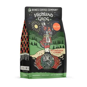 Bones Coffee Company Decaf Highland Grog, Butterscotch & Caramel Flavor, Made with Arabica Coffee Beans, Medium Roast, Ground and Whole Coffee (12oz)