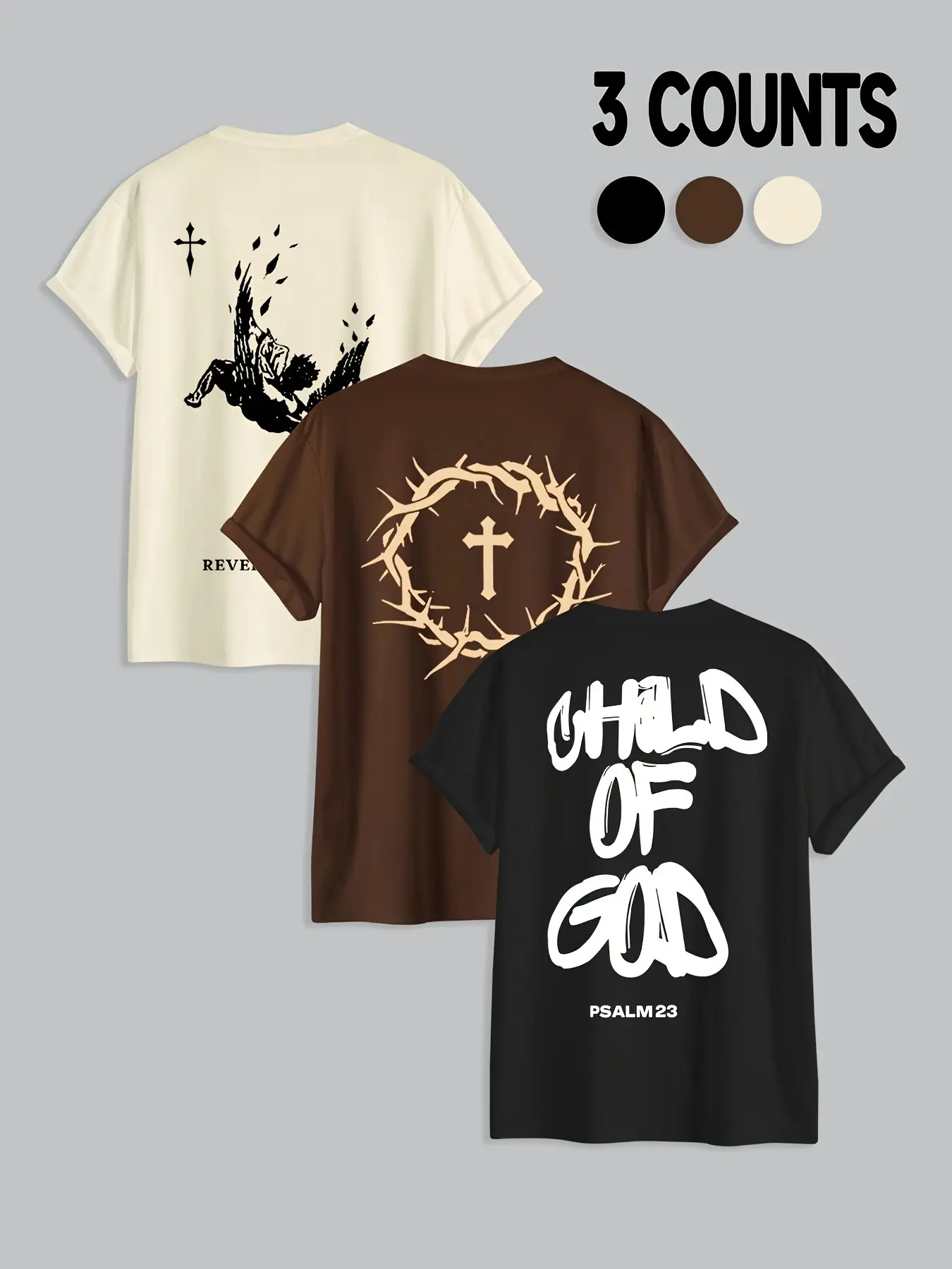 Men's 3-Pack Religious T-Shirts, Oversized Christian Geometric Graphic Tees, Child of God Faith over Fear, Sporty Fitted Long Streetwear, Casual, Menswear Tops